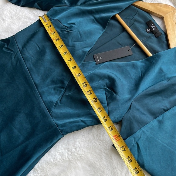 Lulu’s inspired confidence dark teal satin long sleeve mini dress - Picture 9 of 9